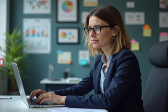 Femme professionnelle en bureau avec tableau digital
