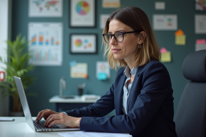 Femme professionnelle en bureau avec tableau digital