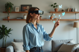 Femme portant des lunettes de réalité augmentée dans son salon moderne