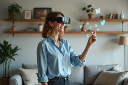 Femme portant des lunettes de réalité augmentée dans son salon moderne
