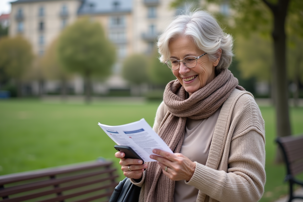 Femme retraitée souriante regardant son téléphone dans un parc