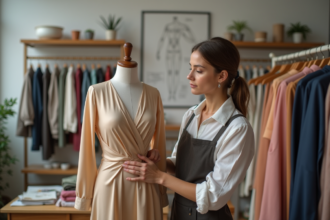 Femme ajustant une robe en soie dans un studio de mode