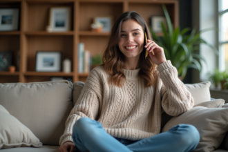 Femme souriante au salon parlant au téléphone