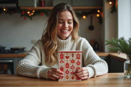Femme souriante ouvrant un calendrier de l'avent dans la cuisine