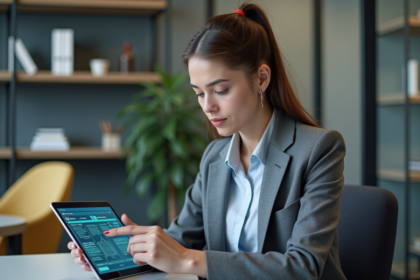 Jeune femme examinant un tableau de cybersécurité
