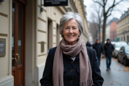 Femme âgée souriante devant un bâtiment administratif parisien
