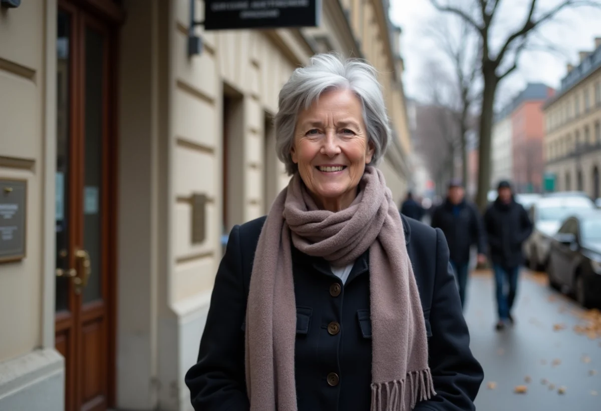 Femme âgée souriante devant un bâtiment administratif parisien