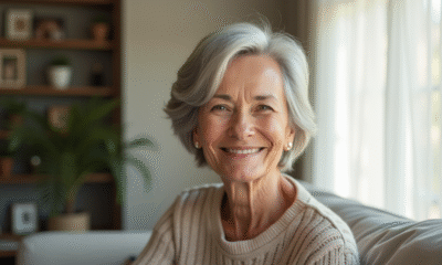 Femme élégante de 60 ans aux cheveux gris courts dans un salon lumineux