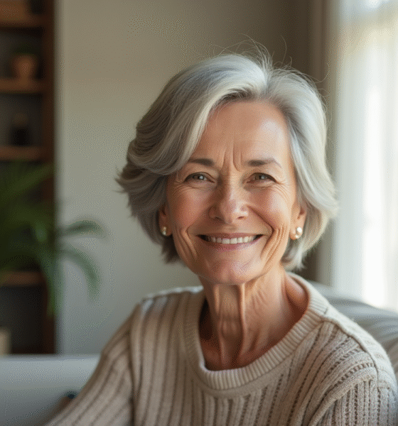Femme élégante de 60 ans aux cheveux gris courts dans un salon lumineux