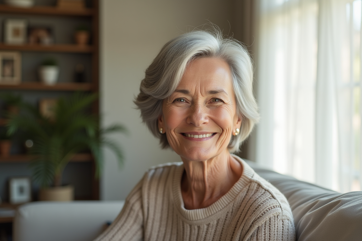 Femme élégante de 60 ans aux cheveux gris courts dans un salon lumineux