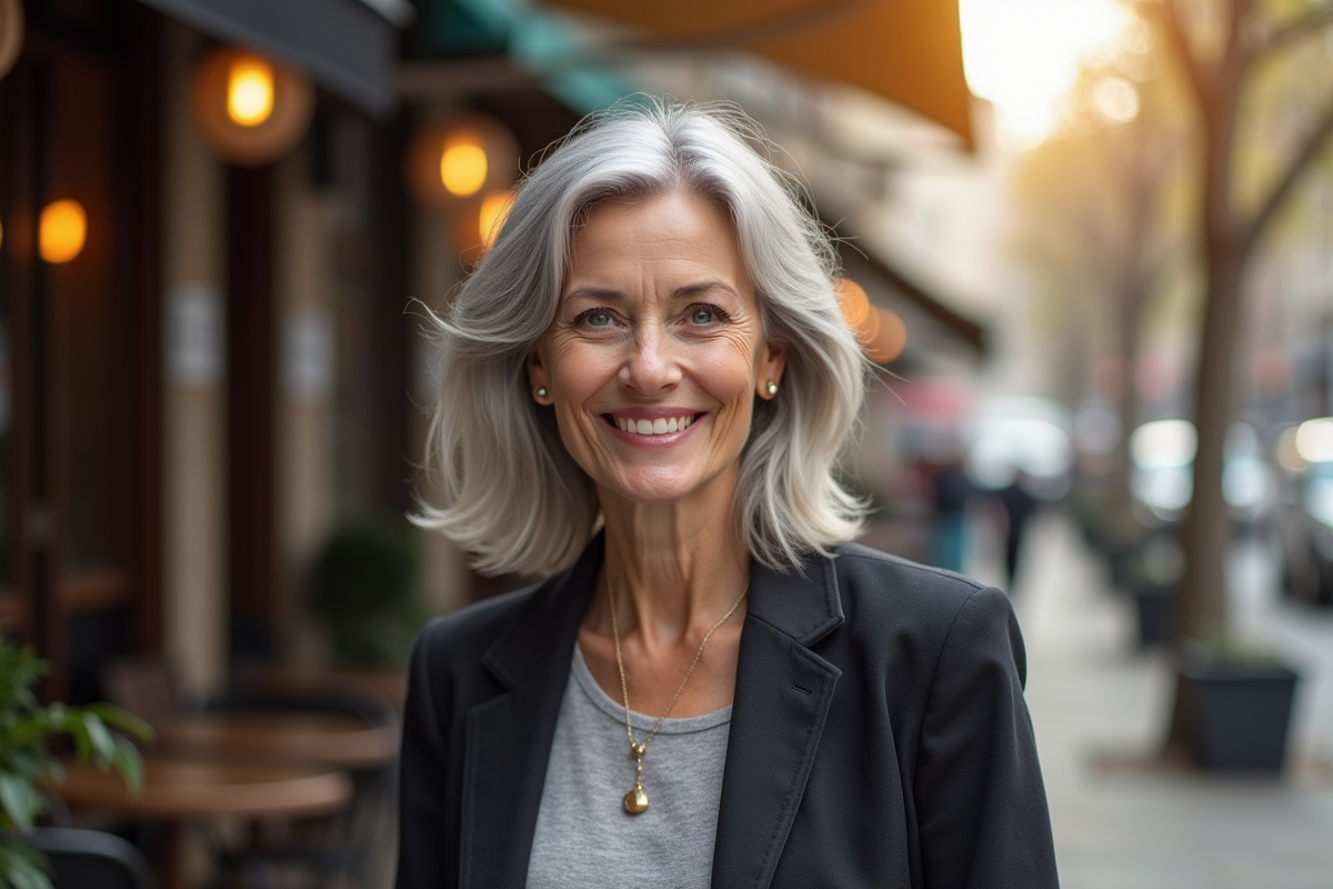 Femme de 60 ans aux cheveux argentés en extérieur au matin