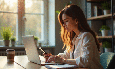 Jeune femme travaillant sur son ordinateur avec smartphone et café