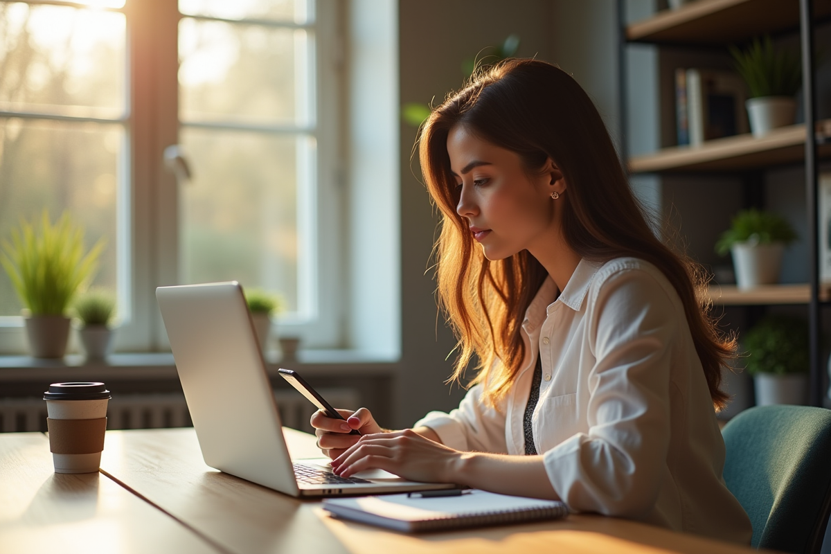 Jeune femme travaillant sur son ordinateur avec smartphone et café