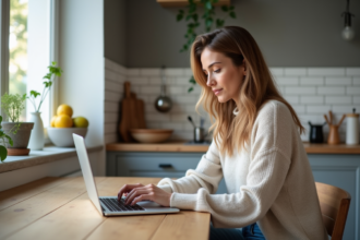 Femme travaillant sur son ordinateur dans une cuisine moderne