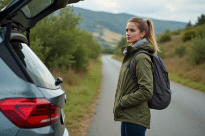 Jeune femme examine le coffre d'un SUV en pleine nature