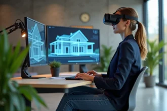 Jeune femme en blazer utilisant un casque VR dans un bureau moderne