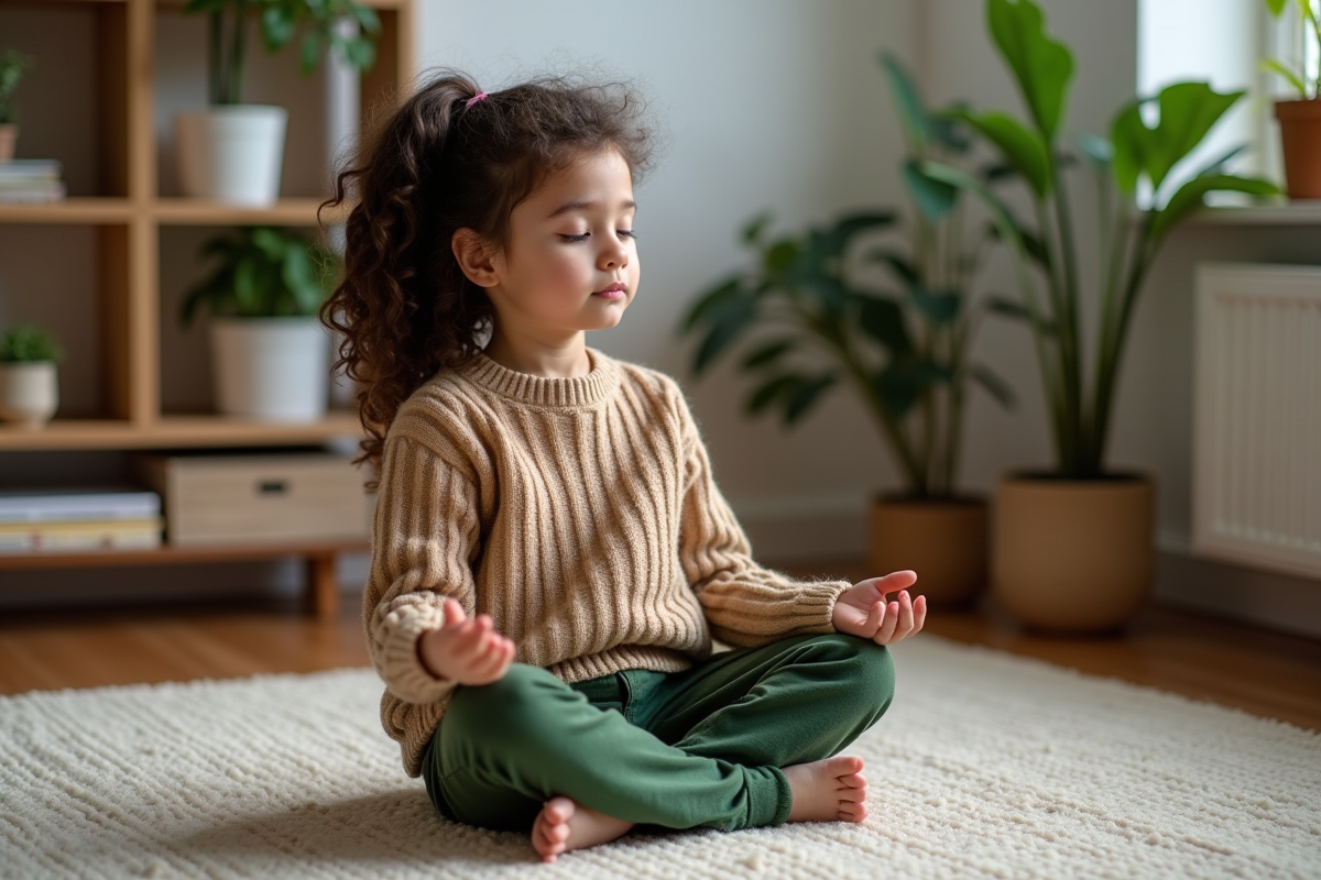 Fille de 9 ans pratique la respiration consciente sur un tapis