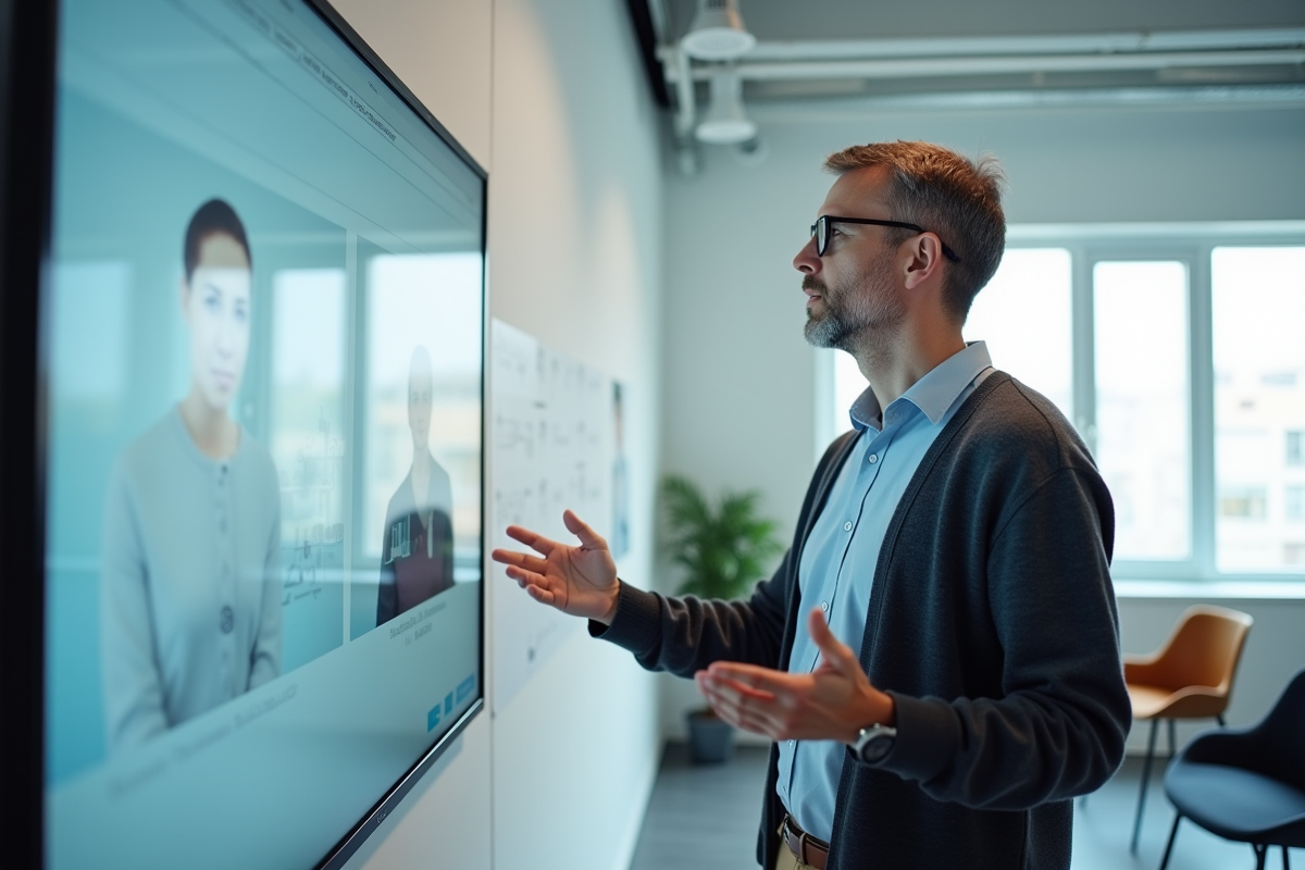 Formateur expliquant devant un écran interactif dans une salle de formation