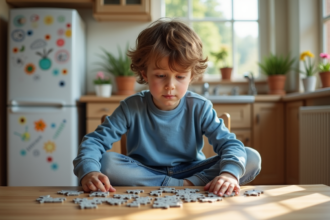Garçon de 7 ans assemble un puzzle dans la cuisine familiale