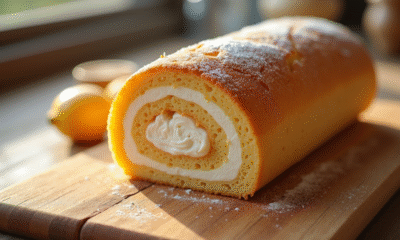 Gâteau roulé suisse frais sur planche en bois lumineux