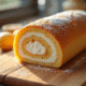 Gâteau roulé suisse frais sur planche en bois lumineux