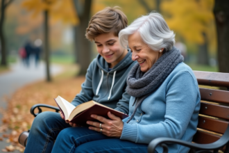 Une grand-mère souriante avec un adolescent dans un parc en automne