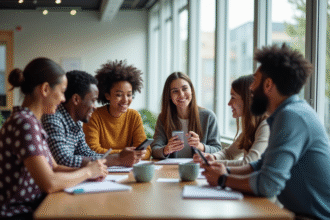 Groupe de jeunes brainstormant avec smartphones dans un espace lumineux