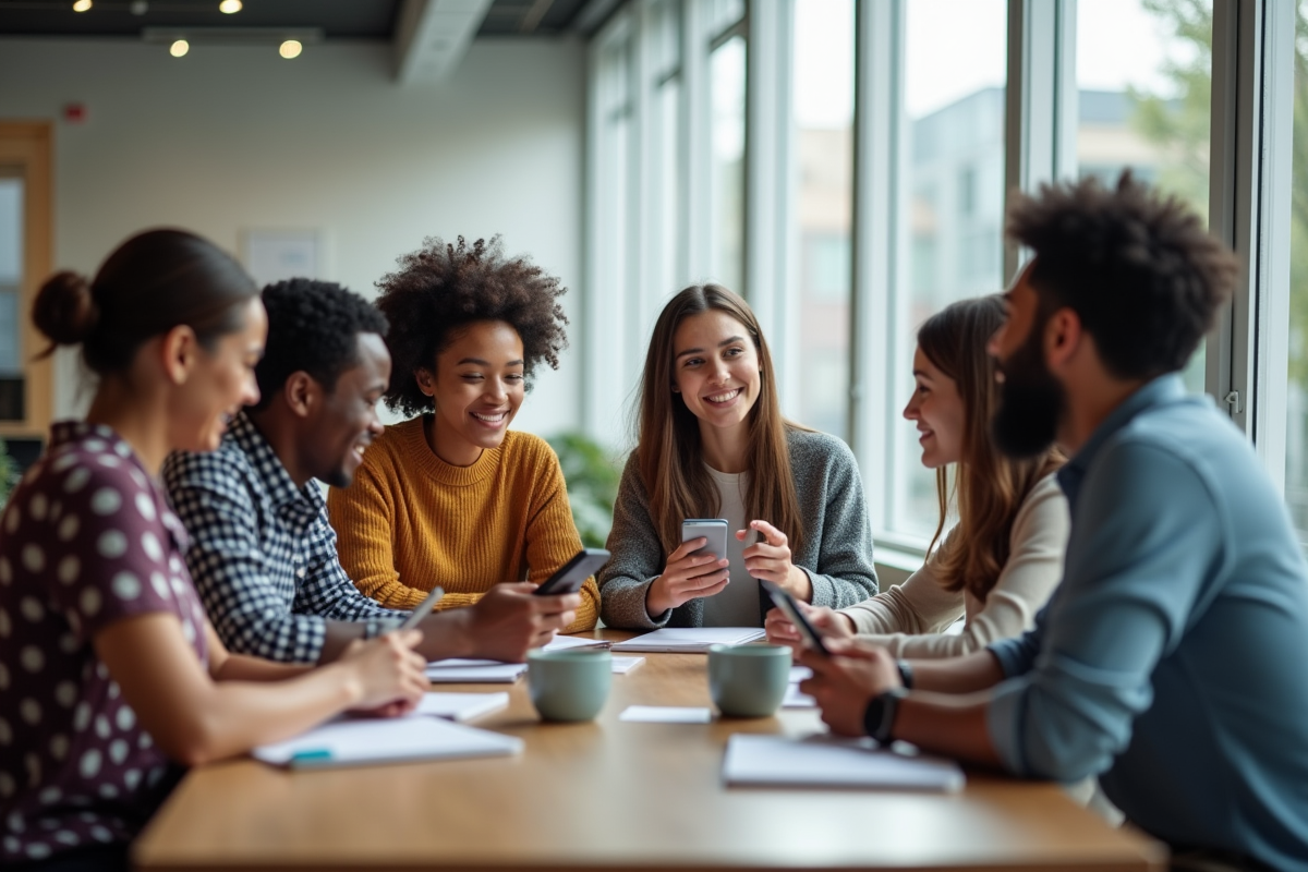 Groupe de jeunes brainstormant avec smartphones dans un espace lumineux