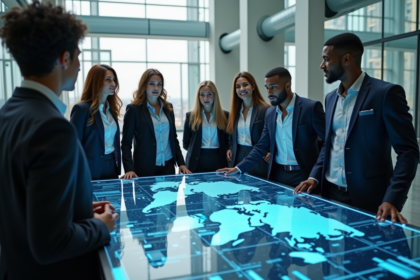 Groupe de jeunes adultes autour d'une table digitale en atrium hightech