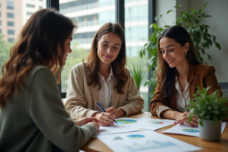 Groupe de quatre personnes collaborant dans un bureau écologique