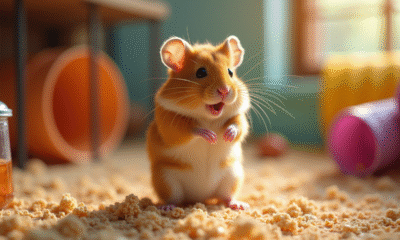 Hamster doré debout dans sa cage chaleureuse avec tunnels et roue