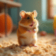Hamster doré debout dans sa cage chaleureuse avec tunnels et roue