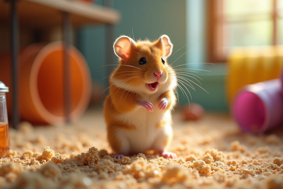 Hamster doré debout dans sa cage chaleureuse avec tunnels et roue