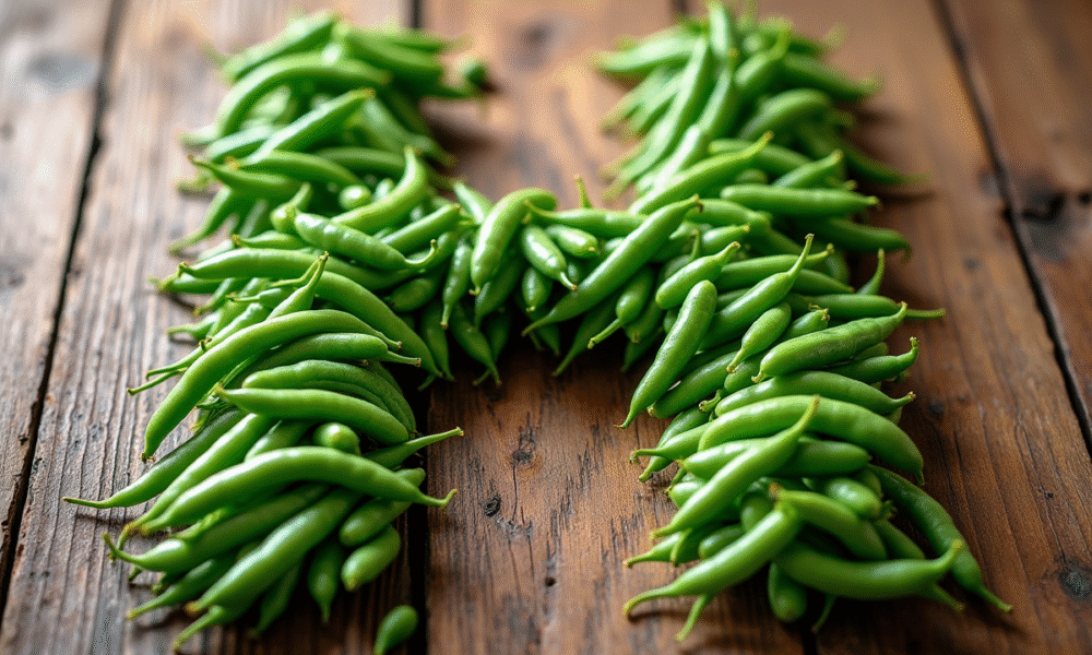 Haricots verts disposes en forme de H sur une table en bois