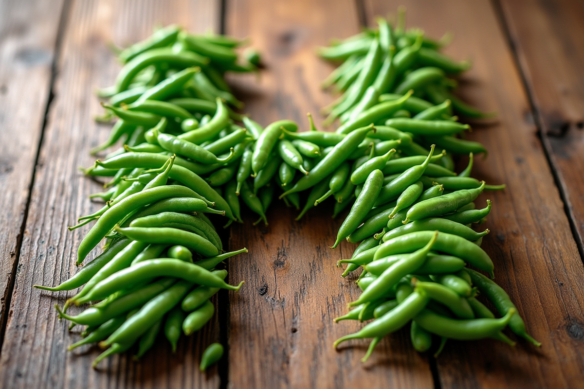 Haricots verts disposes en forme de H sur une table en bois