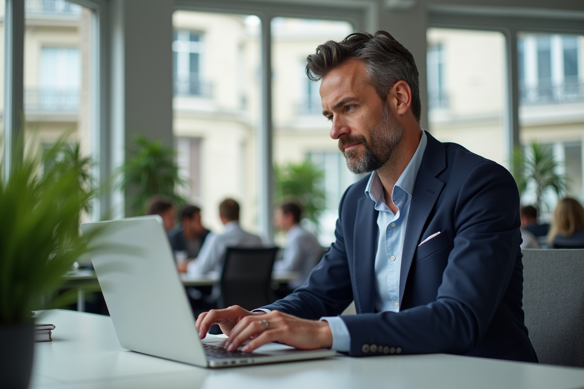 Homme en coworking avec vue sur Paris en arrière-plan