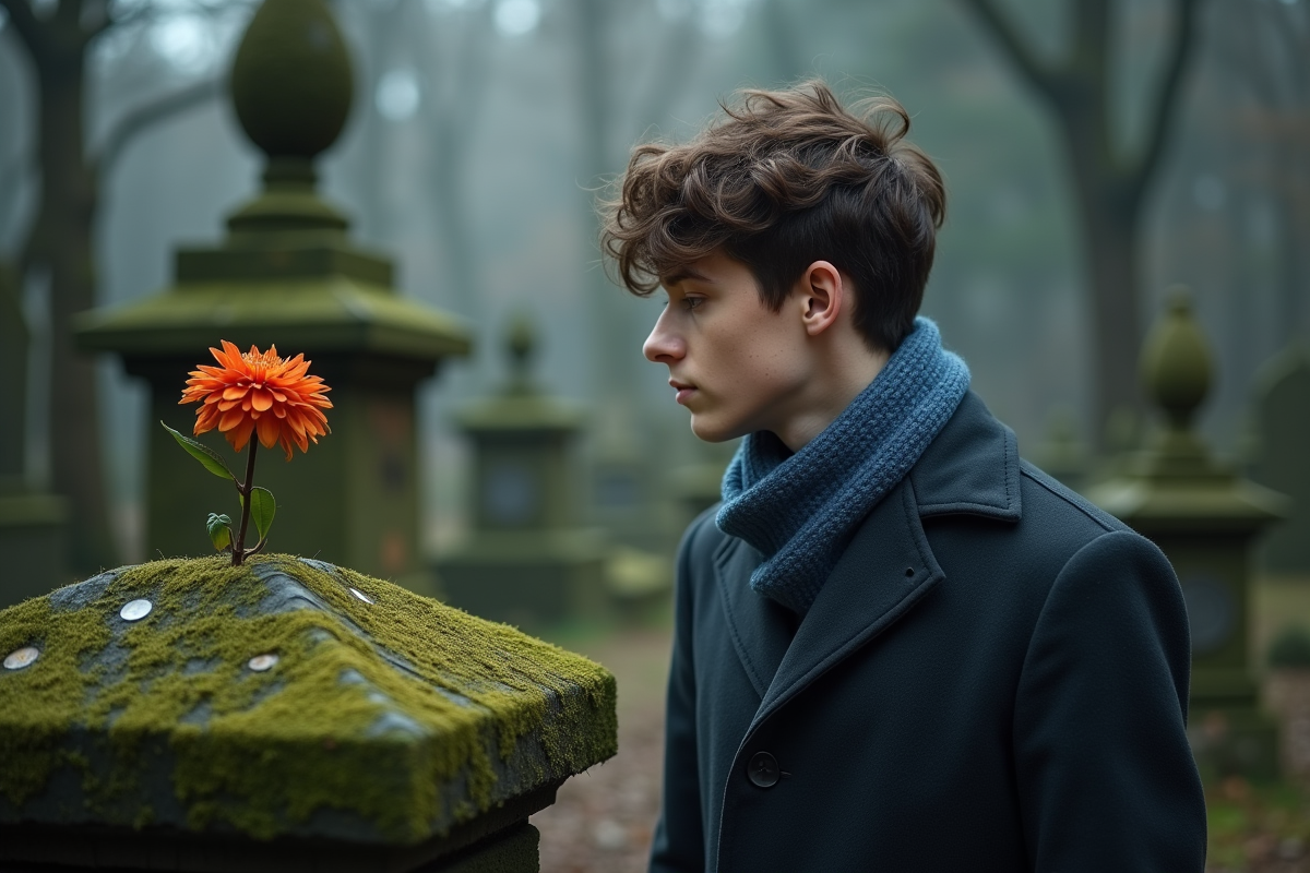 Jeune homme contemplant un chrysanthemum dans un cimetière