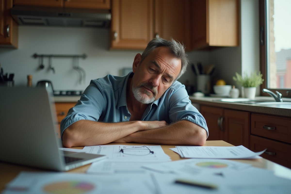 Homme d âge moyen reposant sa tête sur ses bras dans une cuisine