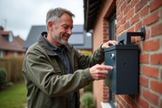 Homme ajustant une batterie solaire devant une maison