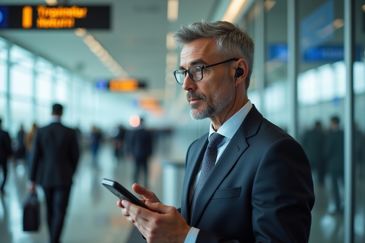 Homme d affaires utilisant un traducteur à l aéroport