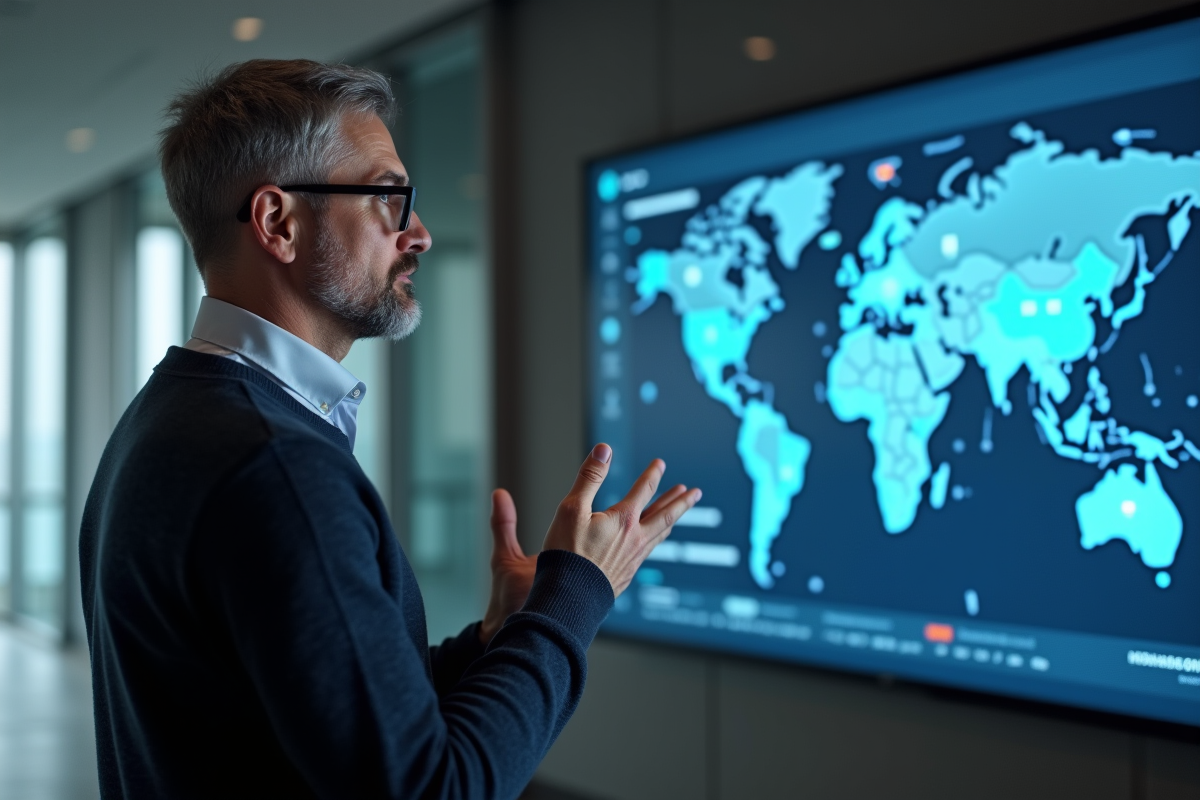 Homme en conférence analysant une carte réseau