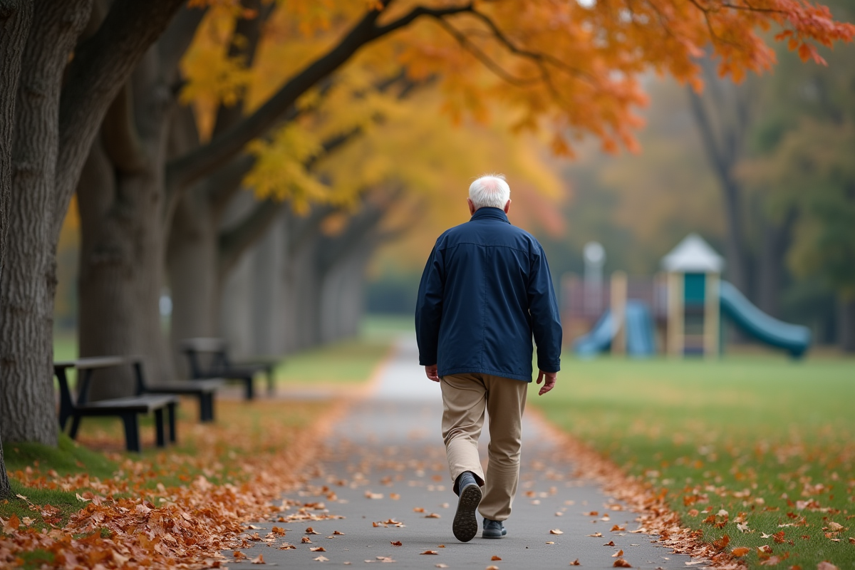 Homme âgé marchant dans un parc en automne