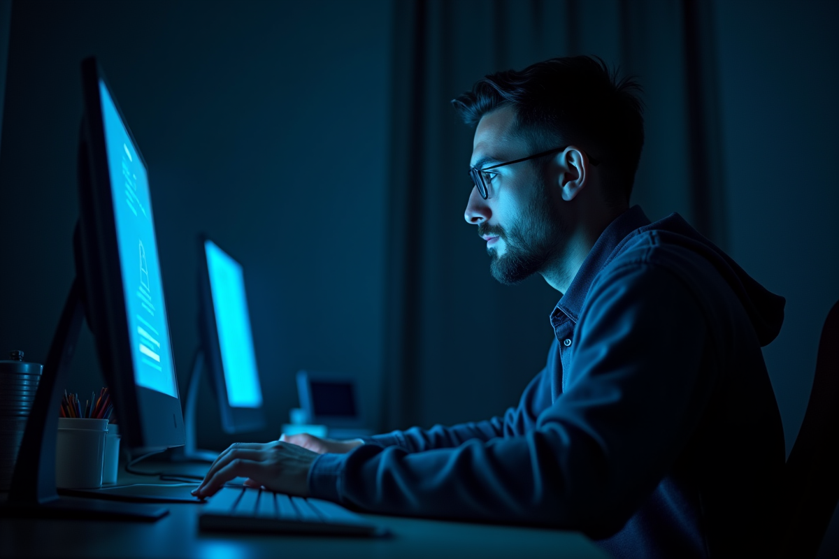Homme seul la nuit face à un écran d