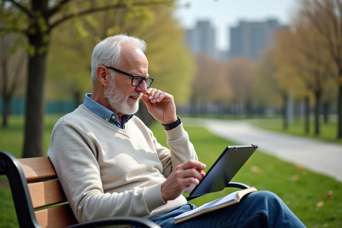 Homme âgé consulte tablette sur un banc de parc