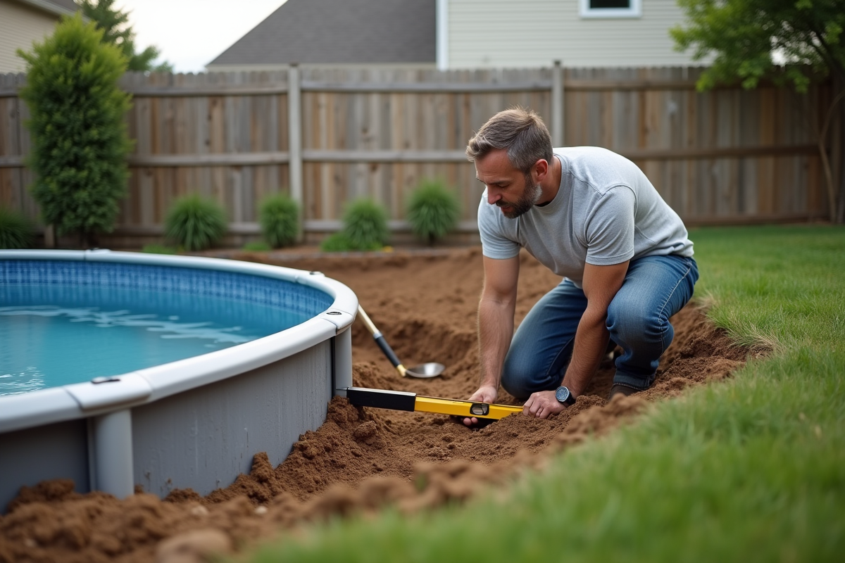 Homme en jeans vérifiant l'alignement de la piscine hors sol