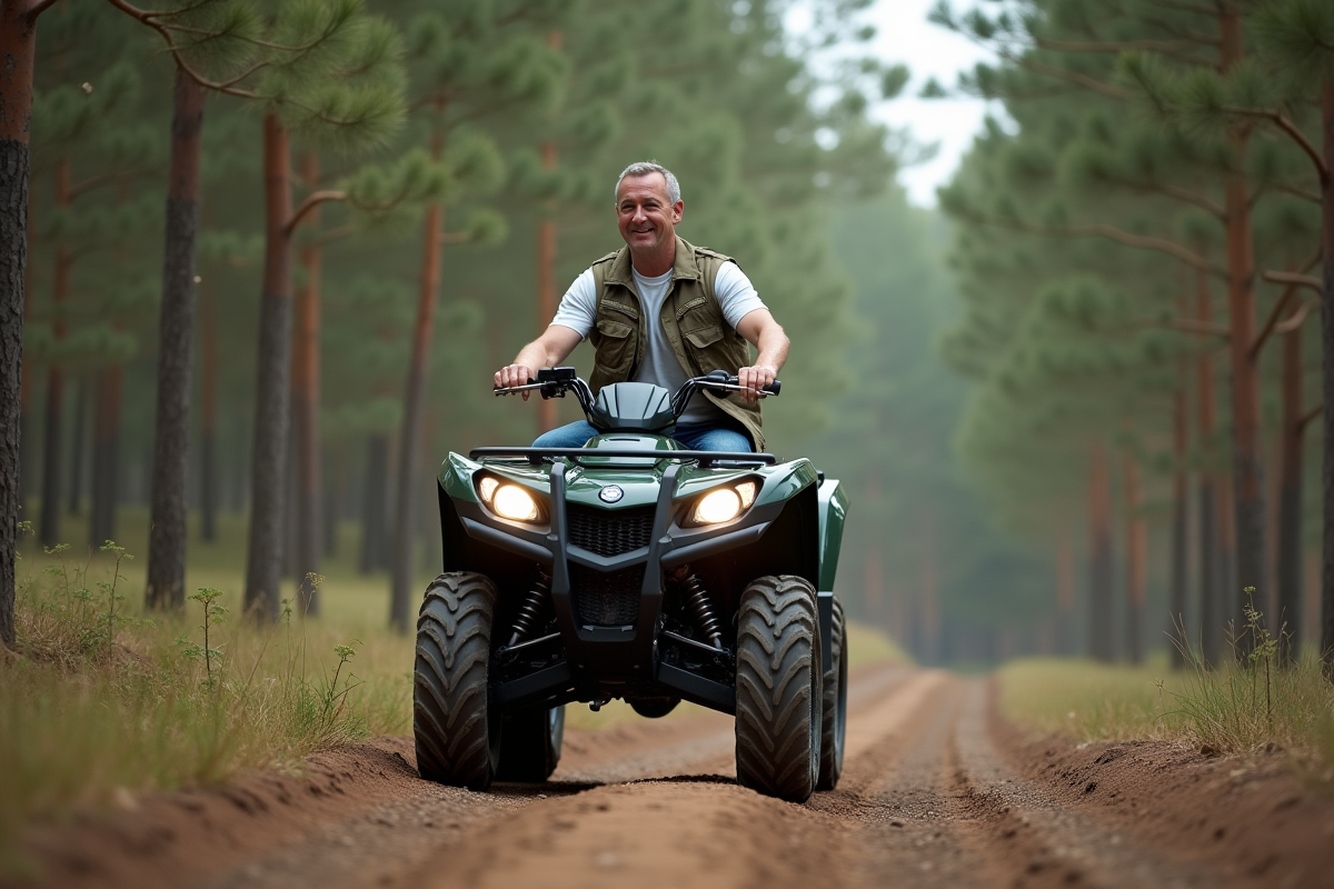 Homme en jeans et gilet sur un quad en forêt