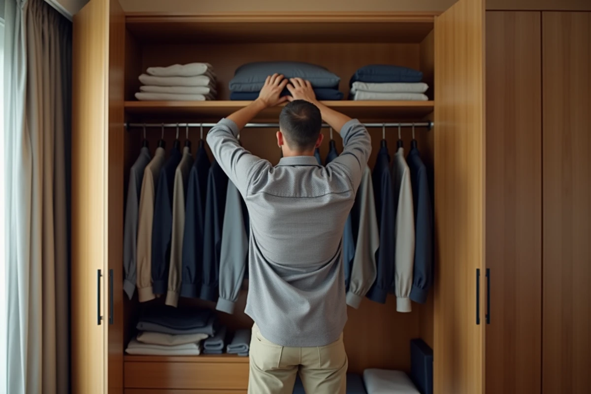 Homme range un pull dans une armoire bien organisée