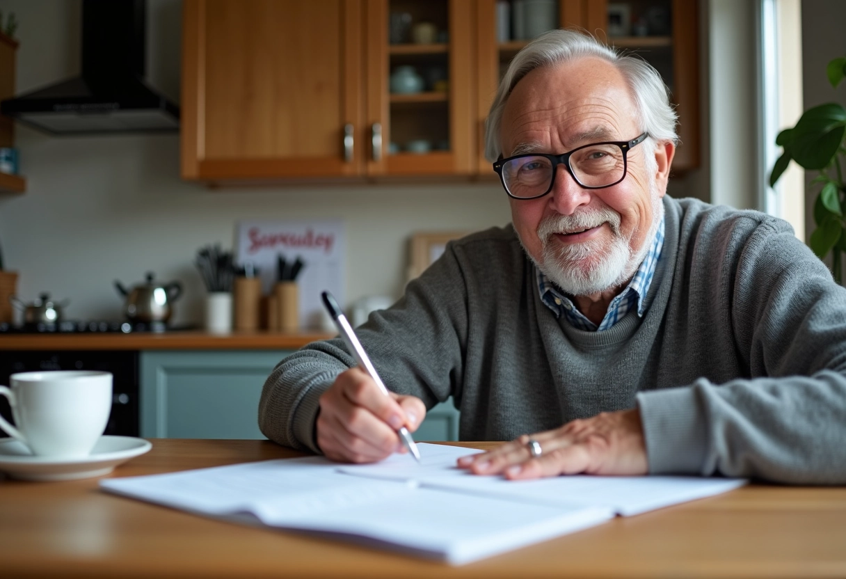 Homme âgé signant ses papiers de retraite à la maison