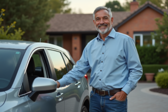 Homme d'âge moyen vérifiant la porte d'un SUV moderne dans une cour résidentielle