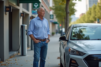 Homme pensif à côté d'une voiture hybride en ville